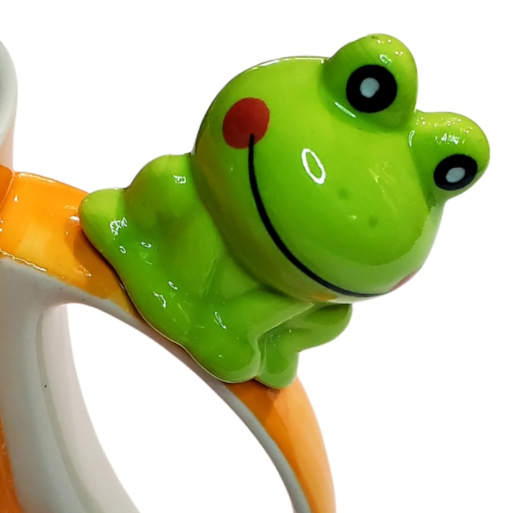 Indra Hand Painted Fine Stoneware 3D Happy Frogs Butterfly Orange Coffee Cup - Picture 3 of 10